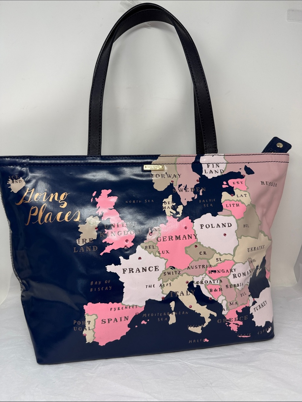 Kate Spade Going Places Francis Map Travel Tote sequin bling Navy Pink Large